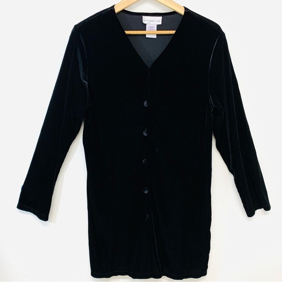 Susan Graver Black Velvet Duster Medium  Button Up Stretch Holiday Goth Classic - Picture 1 of 9